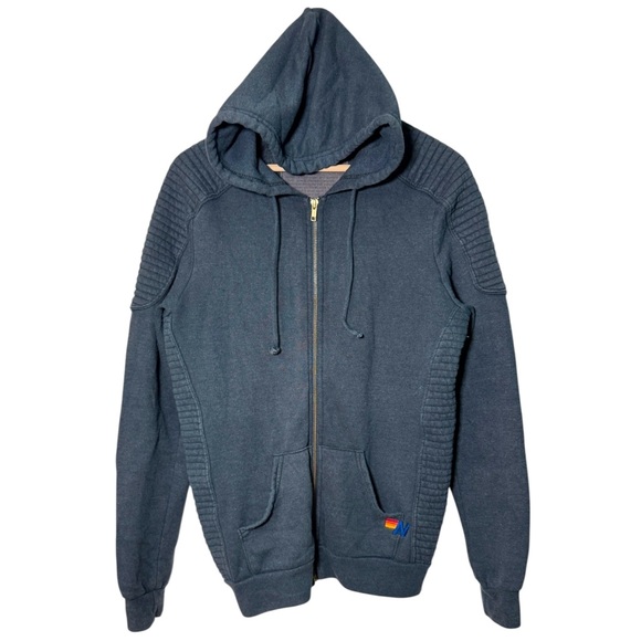 Aviator Nation Moto Full Zip Hoodie Gray Ribbed Embroidered Logo Blue Men’s Med - Picture 1 of 4